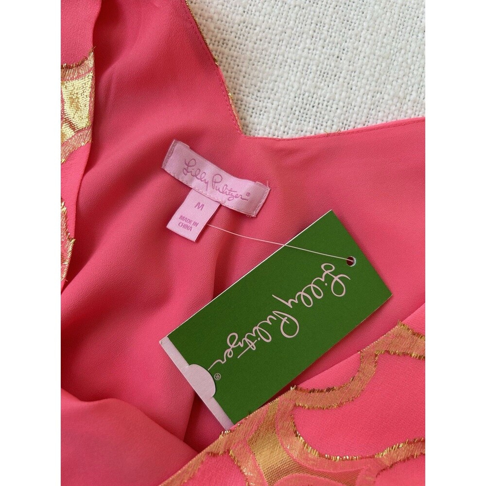 Lilly Pulitzer Tank Top Pink 100% Silk Gold Metallic Flower Pattern Boxy Size M - Picture 3 of 9